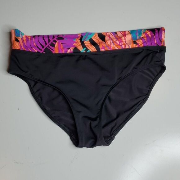 M NEW SKYE BLACK PURPLE TROPICAL PALM HIGH RISE SWIMSUIT SWIM BOTTOMS MEDIUM - Picture 2 of 5